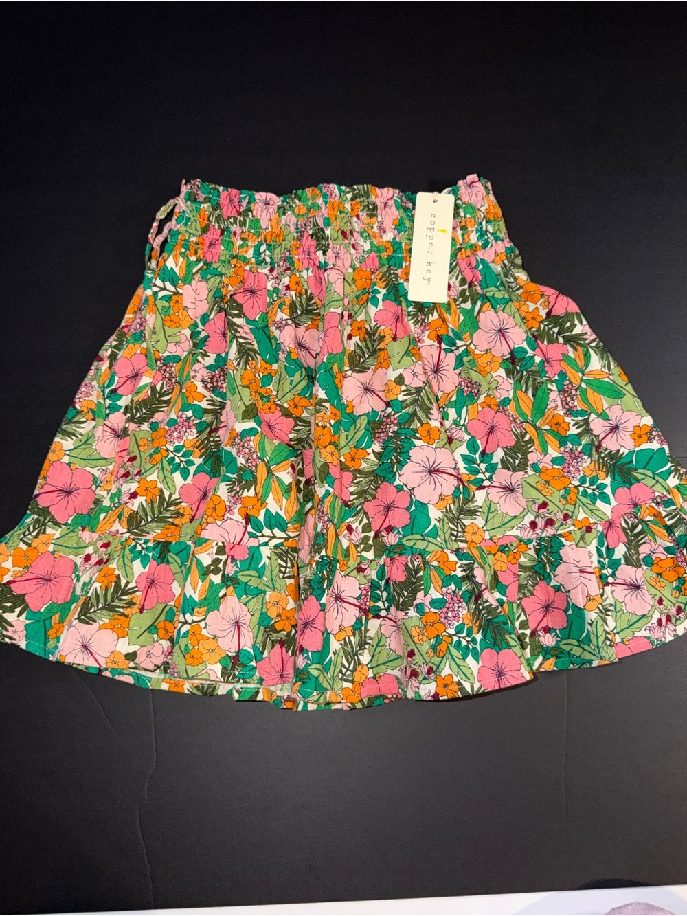Copper Key Floral Circle Skirt in Pink, Green & Orange